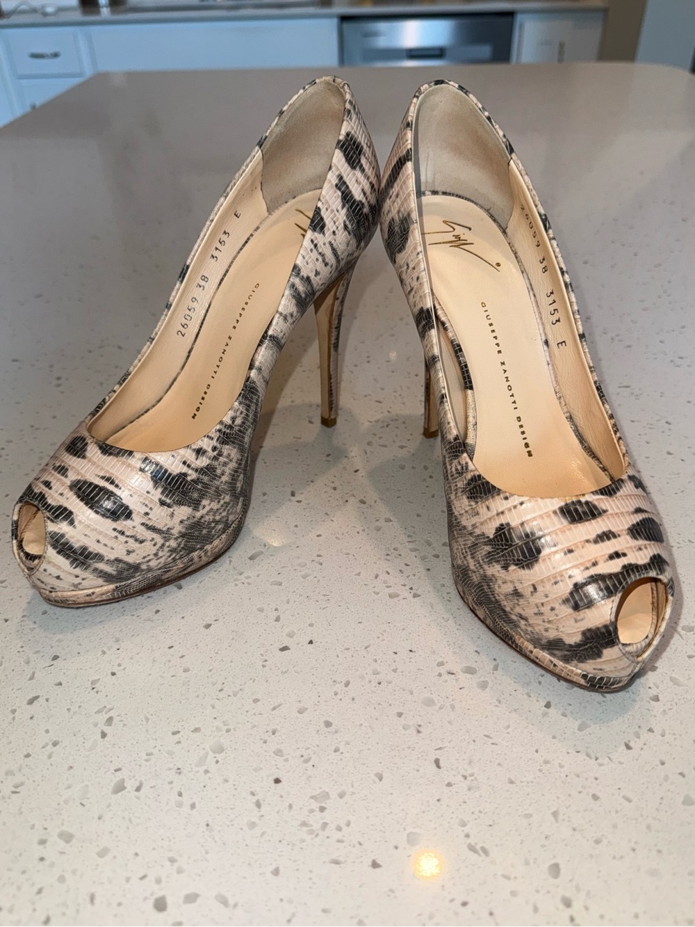 Giuseppe Zanotti Black & Beige Peep-Toe Snake-Print Stiletto Pumps